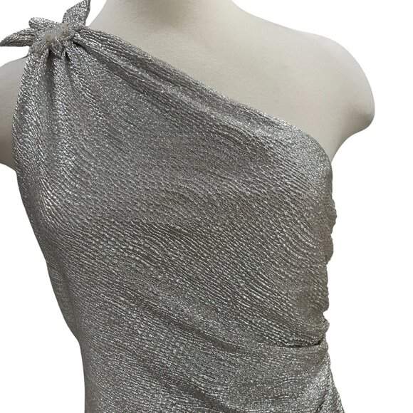 David Meister Silver One Shoulder Gown Formal Dress 8 Ruched Metallic Glam - Picture 5 of 12